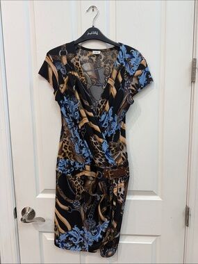 Cache Black, Blue & Brown Printed Faux-Wrap Dress